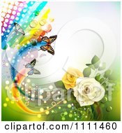 Poster, Art Print Of Background Of Yellow And White Roses Butterflies And A Rainbow 4