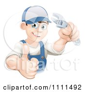 Poster, Art Print Of Happy Mechanic Plumber Or Handy Man Holding A Thumb Up And A Wrench