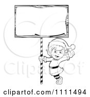Clipart Outlined Happy Christmas Elf With A Sign Royalty Free Vector Illustration