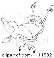 Clipart Outlined Chubby Man Rocking Out To Music Wearing Headaphones And Rolling In A Chair Royalty Free Vector Illustration