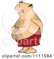 Clipart Hairy Chubby Man Holding His Tunny And Butt And Trying To Hold In A Bowel Movement Royalty Free Vector Illustration