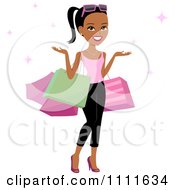 Poster, Art Print Of Happy Black Woman Shrugging With Shopping Bags On Her Arms And Pink Sparkles
