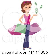 Poster, Art Print Of Happy White Woman Shopper With Bags And Floating Dollar Symbols