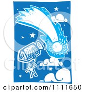 Astronaut In Space With A Comet And A Shuttle Blue And White Woodcut