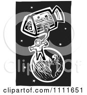 Astronaut In Space With Earth And A Shuttle Black And White Woodcut
