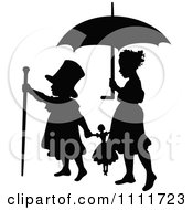 Poster, Art Print Of Silhouetted Boy And Girl Playing With A Doll And Umbrella In Black And White