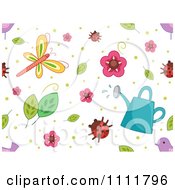 Poster, Art Print Of Seamless Pattern Of Flowers Leaves Ladybugs Dragonflies Birds And A Watering Can On White