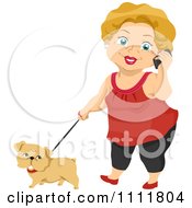 Poster, Art Print Of Happy Female Senior Citizen Talking On A Cell Phone And Walking A Dog