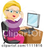 Clipart Female Blond Senior Citizen Working At A Computer Desk Royalty Free Vector Illustration