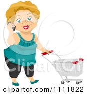 Poster, Art Print Of Happy Female Senior Citizen Talking On A Cell Phone And Pushing A Shopping Cart