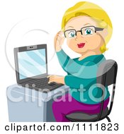 Poster, Art Print Of Female Blond Senior Citizen Adjusting Her Glasses And Working On A Laptop