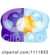 Clipart Split View Of A Happy Sun And Moon Royalty Free Vector Illustration