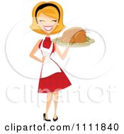 Poster, Art Print Of Happy Retro Blond Woman Carrying A Roasted Thanksgiving Or Christmas Turkey On A Platter