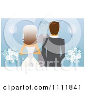 Rear View Of A Caucasian Bride Groom And Priest Or Pastor At The Alter On Blue
