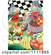 Soldiers Eating Fruits Over A Checkered Pattern