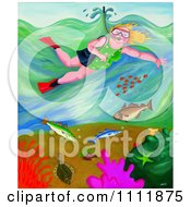 Poster, Art Print Of Chubby Woman Snorkeling Above Fish In The Sea