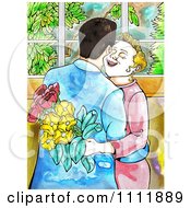 Poster, Art Print Of Happy Woman Accepting Flowers From A Man As They Hug