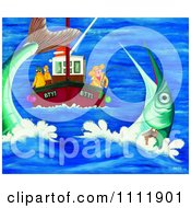 Clipart Woman And Men Deep Sea Fishing And Catching A Giant Fish Royalty Free Illustration