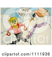 Clipart Talking Snowman Saying Merry Christmas To A Scared Man Royalty Free Illustration