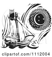 Poster, Art Print Of Owl Perched Atop A Cat In A Sailboat Against A Sun And Moon Black And White Woodcut