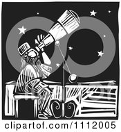 Poster, Art Print Of Astronomer Star Gazing Through A Telescope Black And White Woodcut
