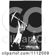 Poster, Art Print Of Man Breaking Through A Wall With A Pick Axe Black And White Woodcut