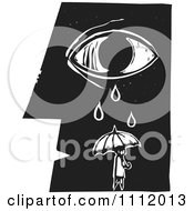 Person With An Umbrella Under A Crying Eye And Face In Profileblack And White Woodcut