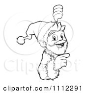 Clipart Outlined Christmas Santa Pointing To And Looking Around A Sign Royalty Free Vector Illustration