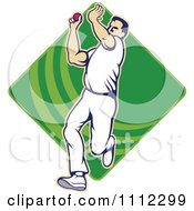 Cricket Player Bowling With A Ball Over A Green Diamond