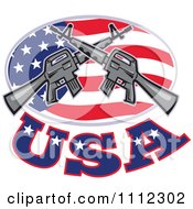 Clipart Armalite M 16 Colt Ar 15 Assault Rifles Crossed Over An American Flag Oval With USA Text Royalty Free Vector Illustration
