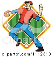 Clipart Baseball Outfielder Player Throwing A Ball Over A Diamond 2 Royalty Free Vector Illustration