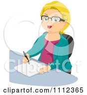 Poster, Art Print Of Blond Senior Woman Writing At A Desk
