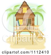 Beach House On Stilts With Palm Trees And Surf Boards
