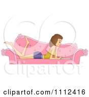 Clipart Blog Header Of A Brunette Woman Using A Laptop On A Pink Couch Royalty Free Vector Illustration