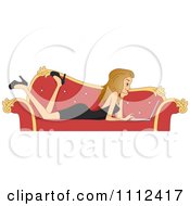 Blog Header Of A Woman In A Formal Dress Using A Laptop On A Red Couch