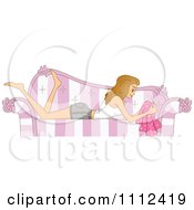 Clipart Blog Header Of A Woman Sewing On A Striped Couch Royalty Free Vector Illustration