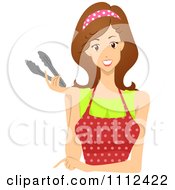 Clipart Brunette Woman In A Polka Dot Apron Holding Tong Royalty Free Vector Illustration