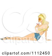 Clipart Retro Blond Woman In A Swimsuit And Holding A Cocktail Royalty Free Vector Illustration