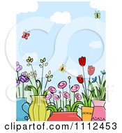 Poster, Art Print Of Background Of Butterflies Over Potted Flower Plants