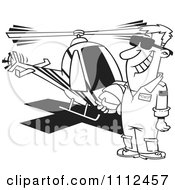 Clipart Outlined Proud Helicopter Pilot Man Standing By His Chopper Royalty Free Vector Illustration