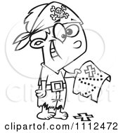 Clipart Outlined Pirate Boy Holding A Map Over The X On The Ground Royalty Free Vector Illustration