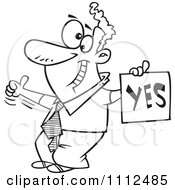 Clipart Outlined Displeased Man With A Thumb Up Holding A YES Sign Royalty Free Vector Illustration