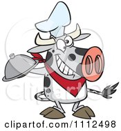 Clipart Chef Cow Holding A Cloche Platter Royalty Free Vector Illustration by toonaday