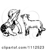 Clipart Cute Black And White Retro Toddler Girl Playing With A Lamb Royalty Free Vector Illustration by Prawny Vintage