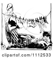 Clipart Vintage Black And White Woman Hanging Laundry As Her Daughter Rests Royalty Free Vector Illustration by Prawny Vintage
