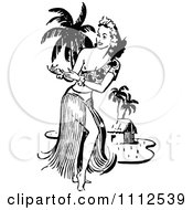 Clipart Retro Black And White Hawaiian Hula Dancer Near A Beach Hut Royalty Free Vector Illustration by Prawny Vintage #COLLC1112539-0178