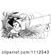Poster, Art Print Of Vintage Black And White Child With A Quill Pen Flowers And Banner