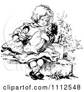Clipart Retro Black And White Girl Playing With Dolls Royalty Free Vector Illustration by Prawny Vintage