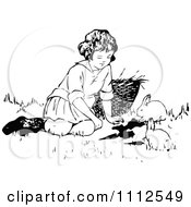 Poster, Art Print Of Retro Black And White Girl Playing With Bunnies