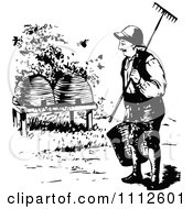 Poster, Art Print Of Retro Black And White Beekeeper Approaching Hives